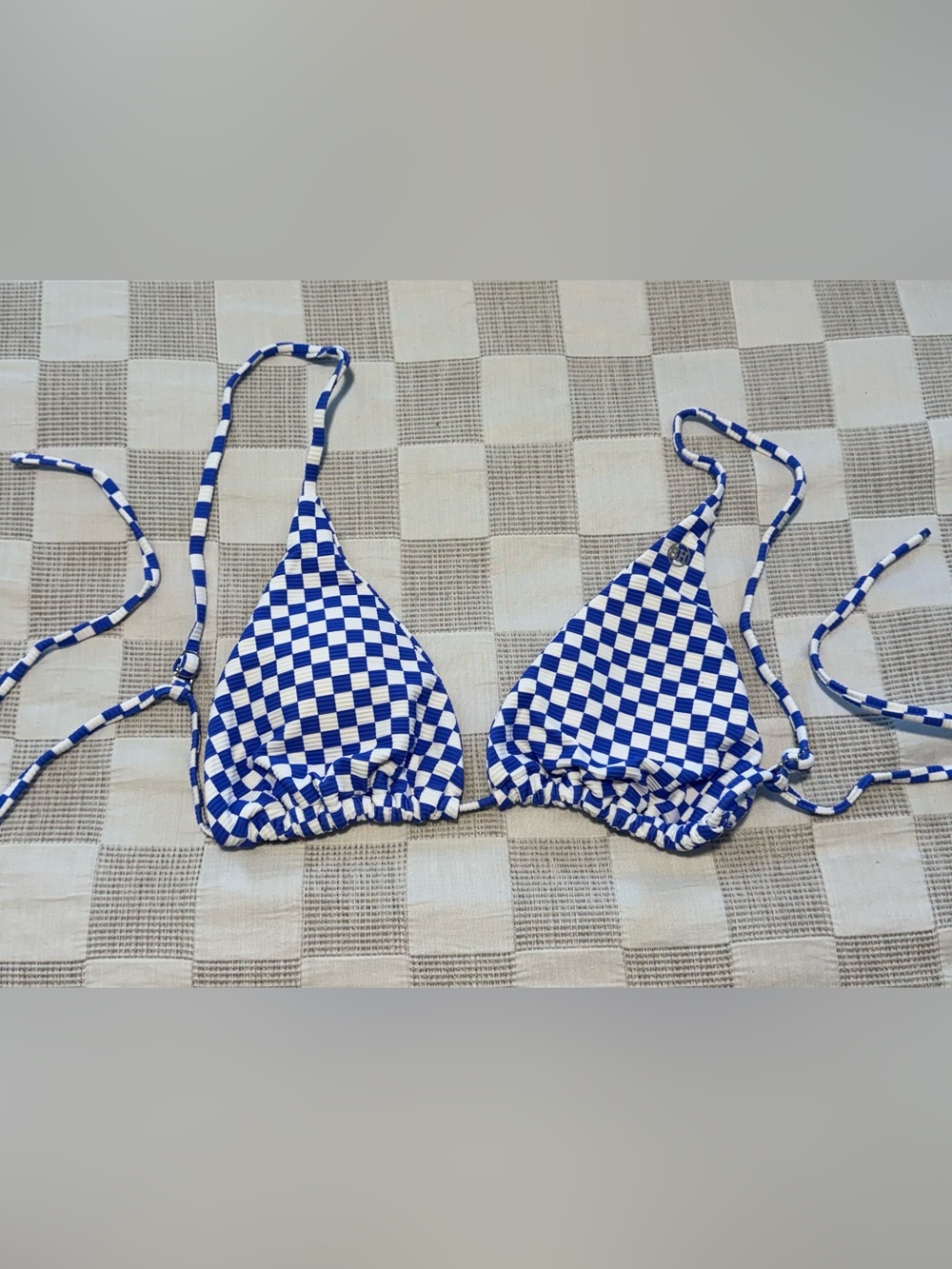Salty Honey Blue and White Check Bali Triangle Bikini Top